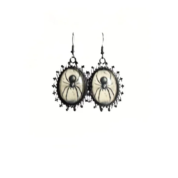 Gothic Victorian “Widow’s Whisper” Spider Black Widow Cameo Earrings - Picture 2 of 4